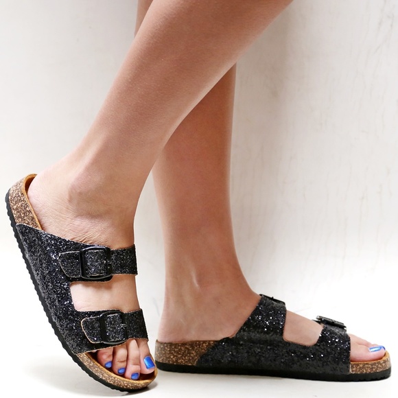 New Black Glitter Cork Slip On Slides Sandals - Picture 4 of 4